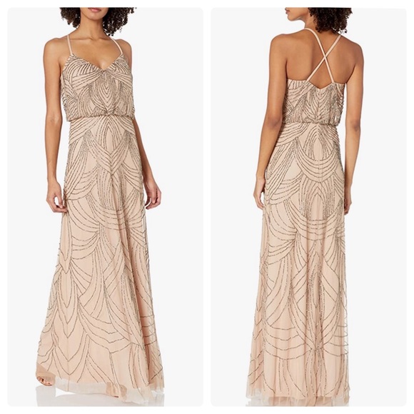 Adrianna Papell Spaghetti Strap Beaded Blouson Gown Taupe Pink Size 6 - Picture 13 of 13